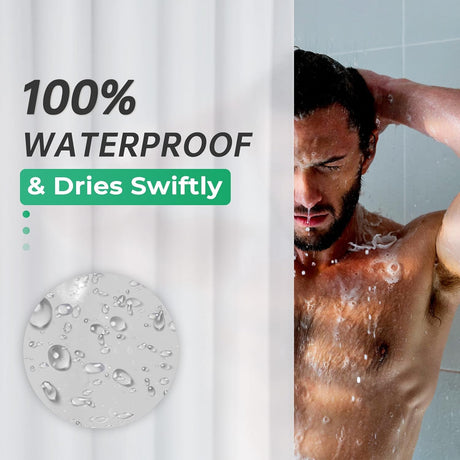 AmazerBath heavy duty 8G PEVA shower curtain liner in Frosted, highlighting easy clean details.