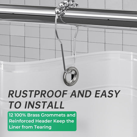 AmazerBath heavy duty 8G PEVA shower curtain liner in Frosted, highlighting metal grommets details.