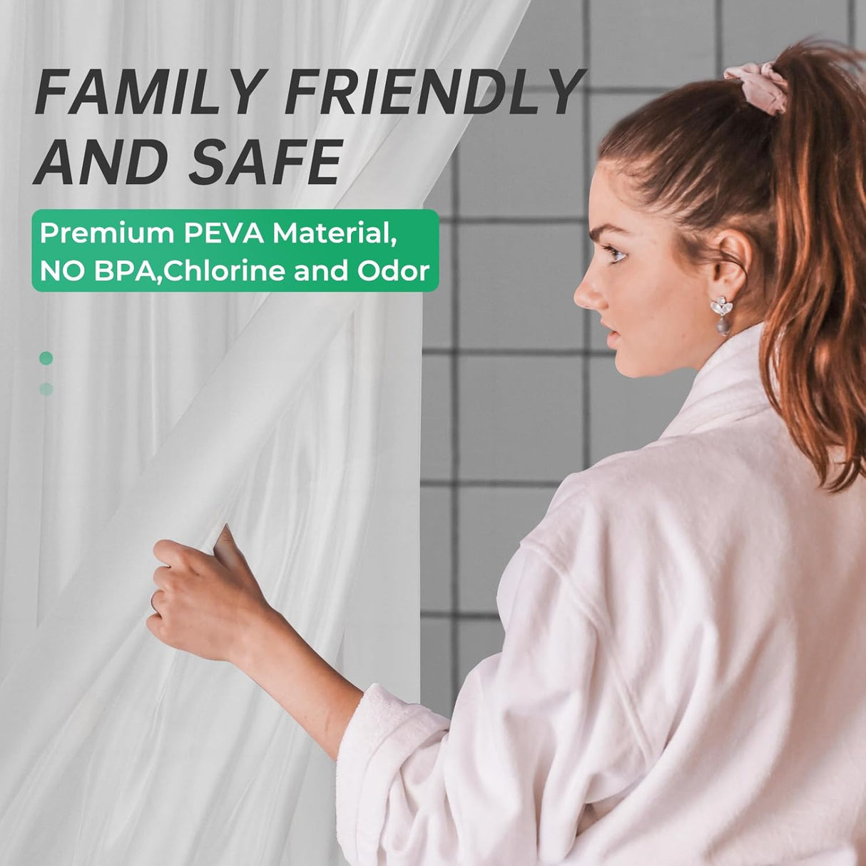 AmazerBath heavy duty 8G PEVA shower curtain liner in Frosted, highlighting peva material details.