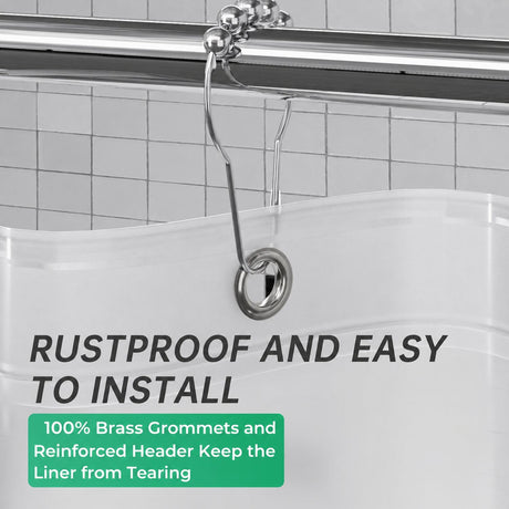 AmazerBath heavy duty 8G PEVA shower curtain liner in Frosted with rustproof brass grommets and reinforced header.
