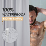 AmazerBath heavy duty 8G PEVA shower curtain liner in Grey, highlighting easy clean details.