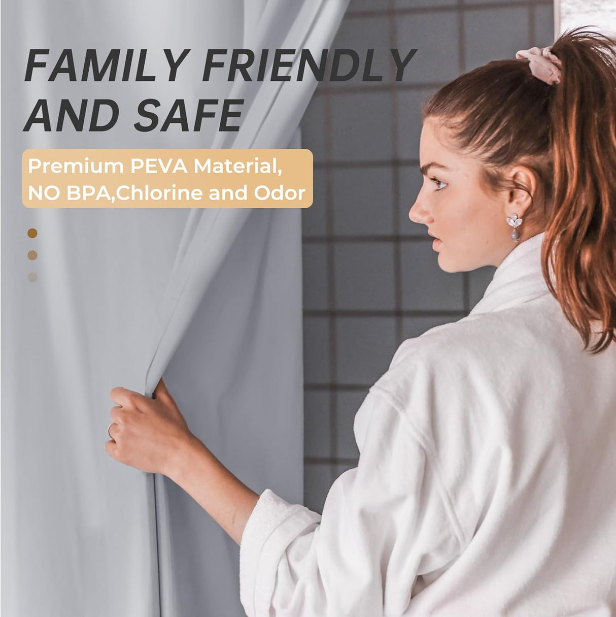 AmazerBath heavy duty 8G PEVA shower curtain liner in Grey, highlighting peva material details.