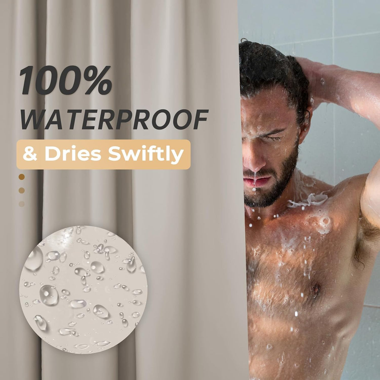 AmazerBath heavy duty 8G PEVA shower curtain liner in Khaki, highlighting easy clean details.