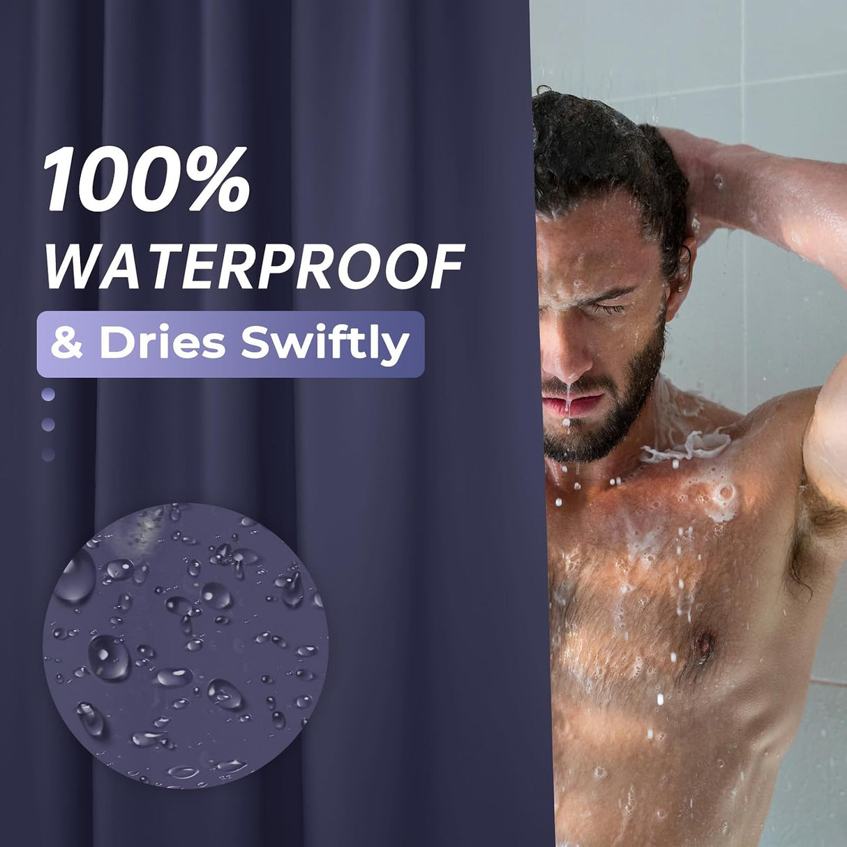 AmazerBath heavy duty 8G PEVA shower curtain liner in Navy Blue, highlighting easy clean details.