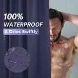 AmazerBath heavy duty 8G PEVA shower curtain liner in Navy Blue, highlighting easy clean details.