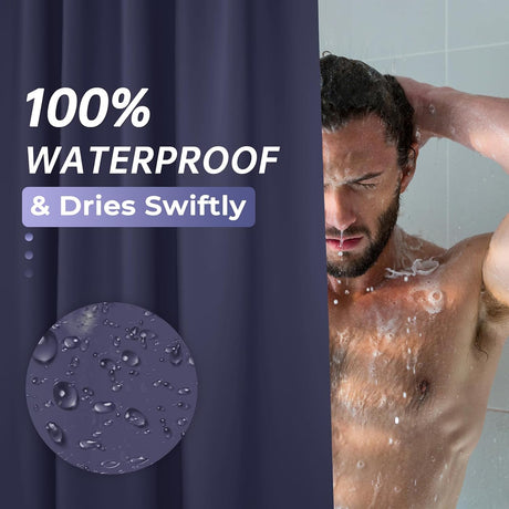 AmazerBath heavy duty 8G PEVA shower curtain liner in Navy Blue, highlighting easy clean details.