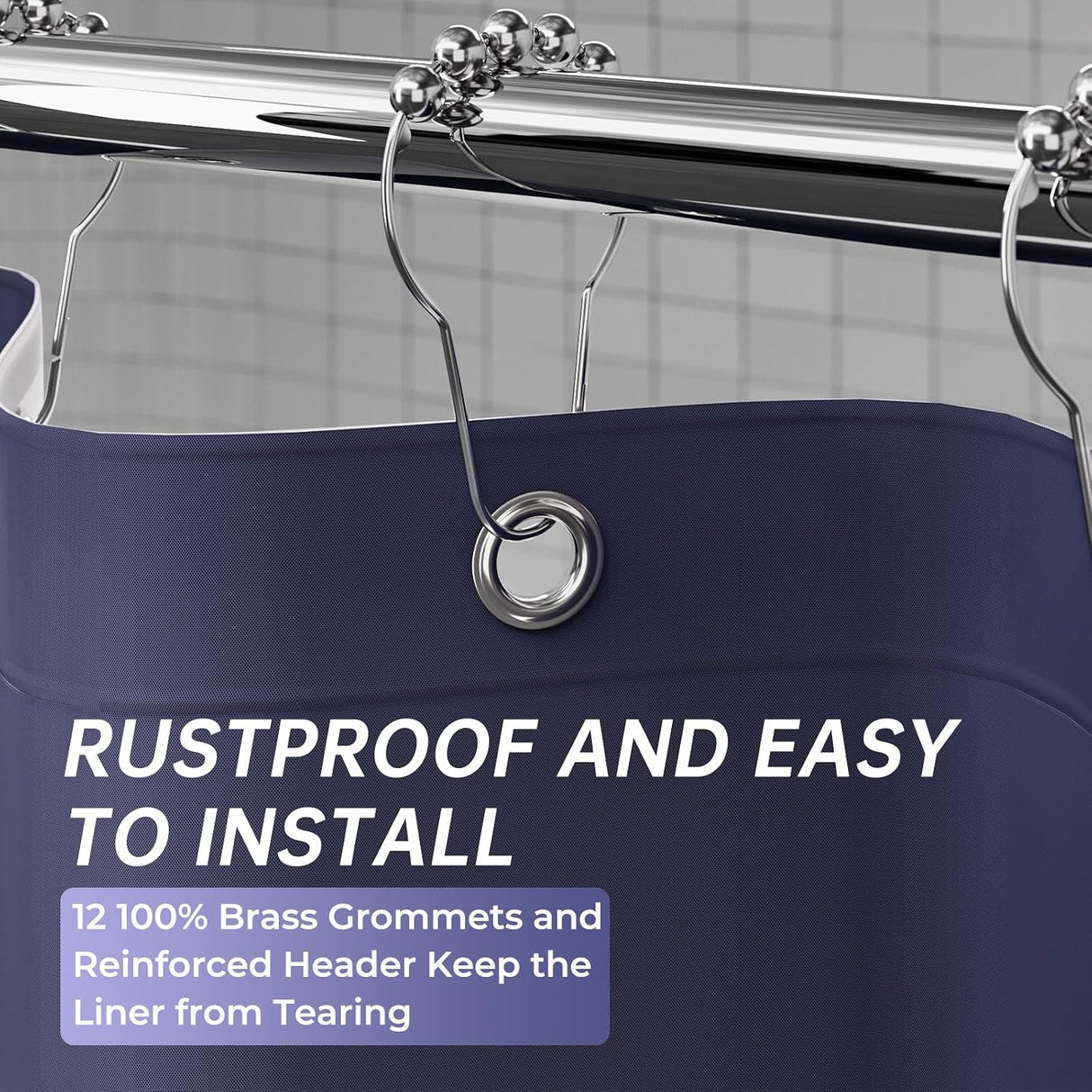 AmazerBath heavy duty 8G PEVA shower curtain liner in Navy Blue, highlighting metal grommets details.