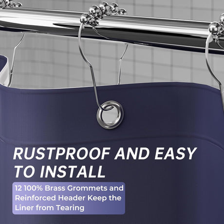 AmazerBath heavy duty 8G PEVA shower curtain liner in Navy Blue, highlighting metal grommets details.