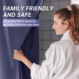 AmazerBath heavy duty 8G PEVA shower curtain liner in Navy Blue, highlighting peva material details.