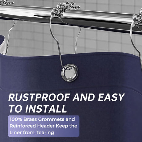 AmazerBath heavy duty 8G PEVA shower curtain liner in Navy Blue with rustproof brass grommets and reinforced header.