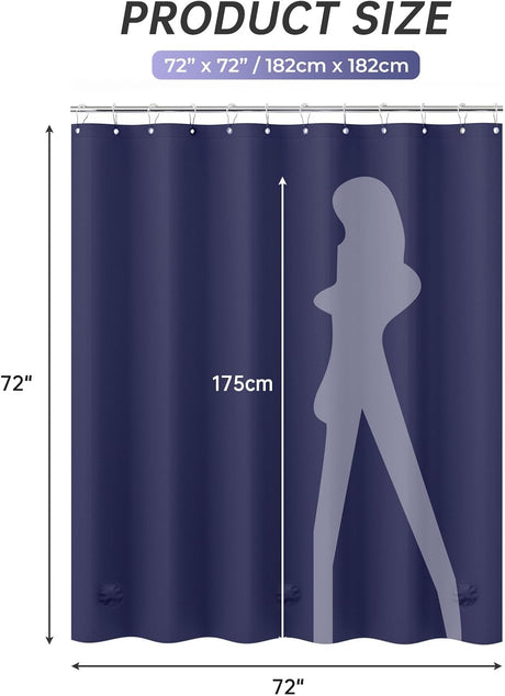 AmazerBath heavy duty 8G PEVA shower curtain liner in Navy Blue, highlighting waterproof details.