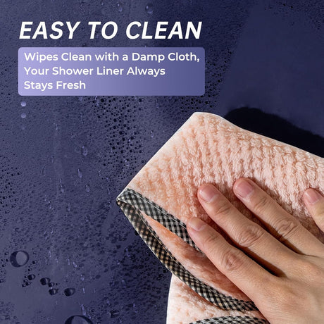 AmazerBath heavy duty 8G PEVA shower curtain liner in Navy Blue, highlighting weighted stones details.