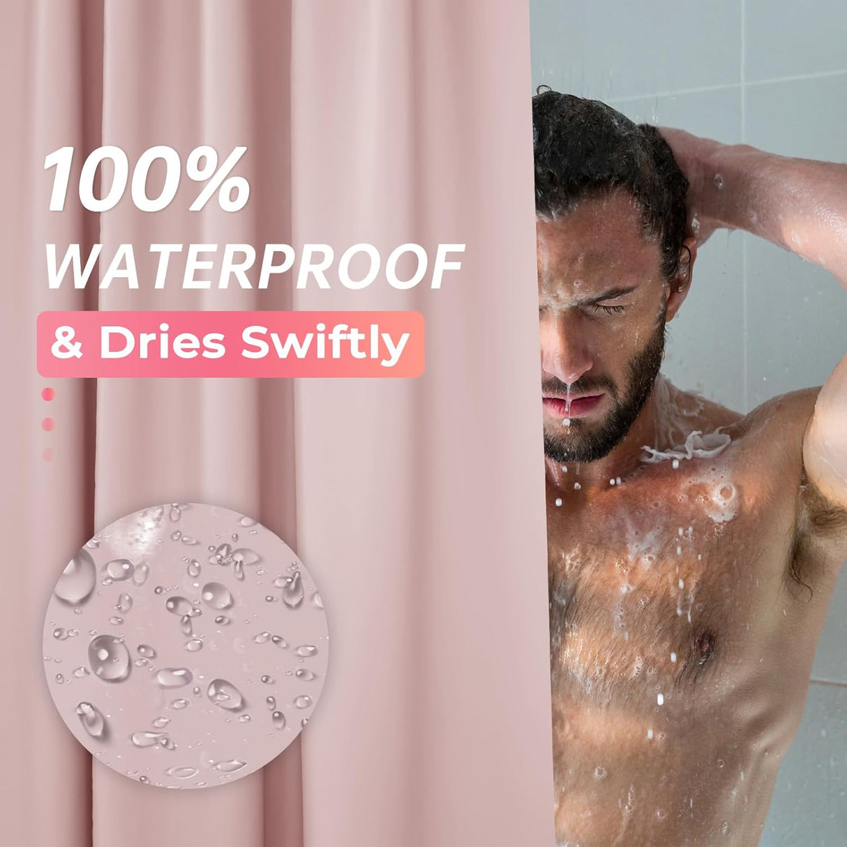AmazerBath heavy duty 8G PEVA shower curtain liner in Pink, highlighting easy clean details.