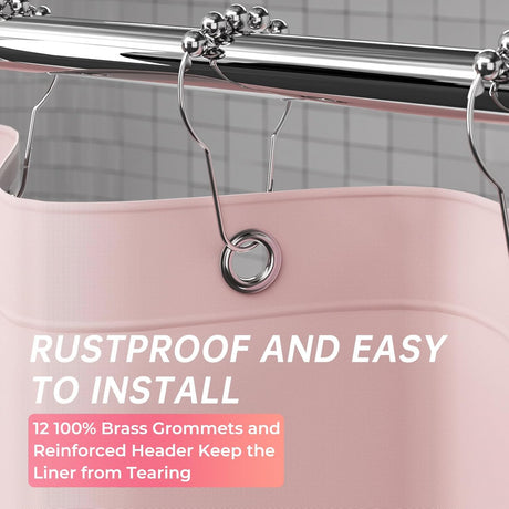 AmazerBath heavy duty 8G PEVA shower curtain liner in Pink, highlighting metal grommets details.