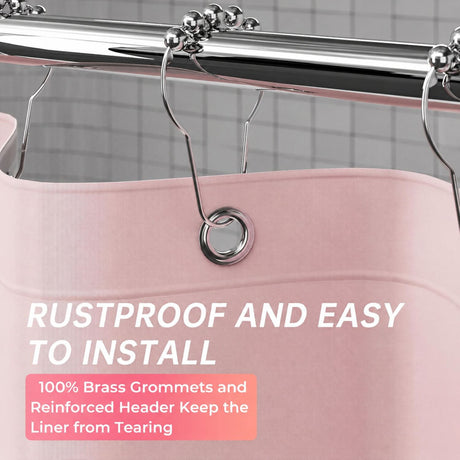 AmazerBath heavy duty 8G PEVA shower curtain liner in Pink with rustproof brass grommets and reinforced header.