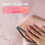 AmazerBath heavy duty 8G PEVA shower curtain liner in Pink, highlighting weighted stones details.