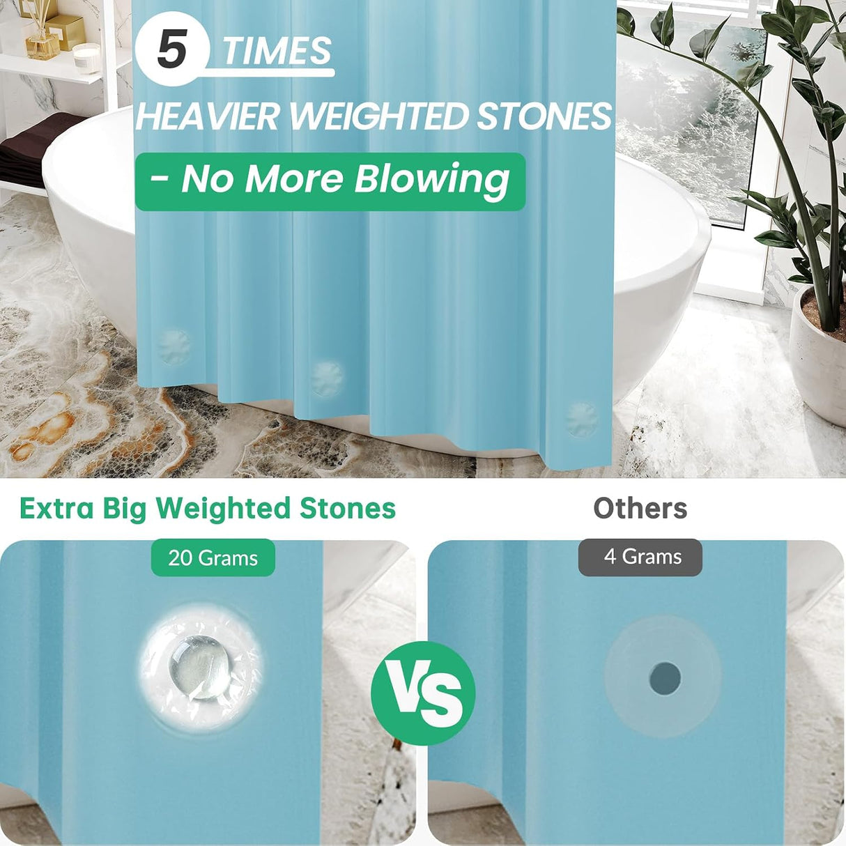 AmazerBath heavy duty 8G PEVA shower curtain liner in Teal, 72"W x 72"L, shown as a waterproof weighted liner.