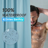 AmazerBath heavy duty 8G PEVA shower curtain liner in Teal, highlighting easy clean details.