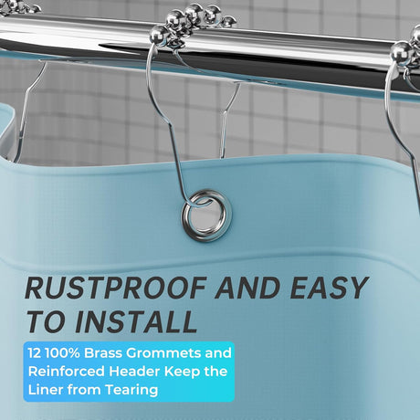 AmazerBath heavy duty 8G PEVA shower curtain liner in Teal, highlighting metal grommets details.