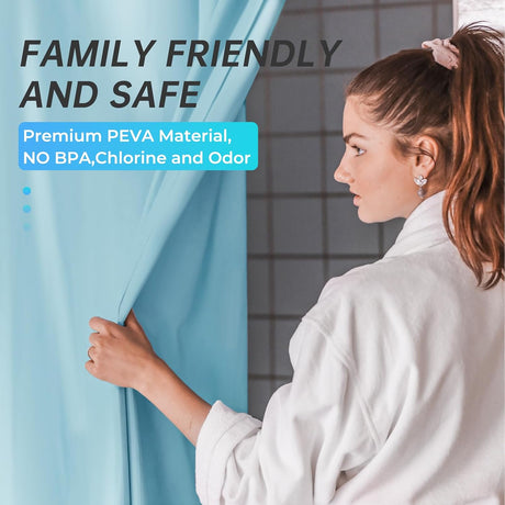 AmazerBath heavy duty 8G PEVA shower curtain liner in Teal, highlighting peva material details.