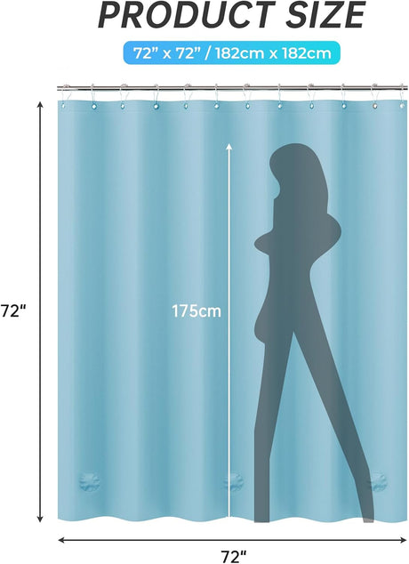 AmazerBath heavy duty 8G PEVA shower curtain liner in Teal, highlighting waterproof details.