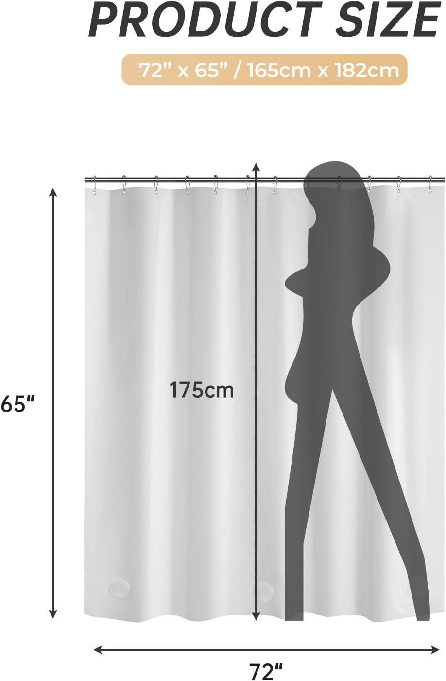 AmazerBath heavy duty 8G PEVA shower curtain liner in White, 72"W x 65"L, shown as a waterproof weighted liner.