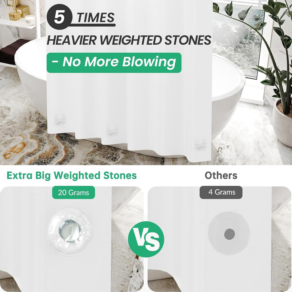 AmazerBath heavy duty 8G PEVA shower curtain liner in White, 72"W x 72"L, shown as a waterproof weighted liner.