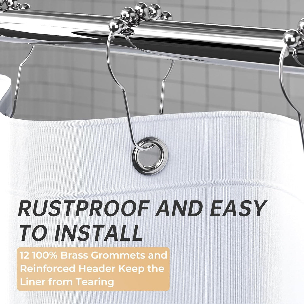 AmazerBath heavy duty 8G PEVA shower curtain liner in White, highlighting metal grommets details.
