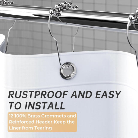 AmazerBath heavy duty 8G PEVA shower curtain liner in White, highlighting metal grommets details.