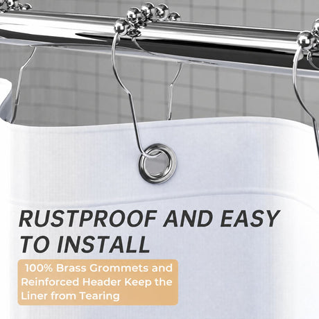 AmazerBath heavy duty 8G PEVA shower curtain liner in White with rustproof brass grommets and reinforced header.