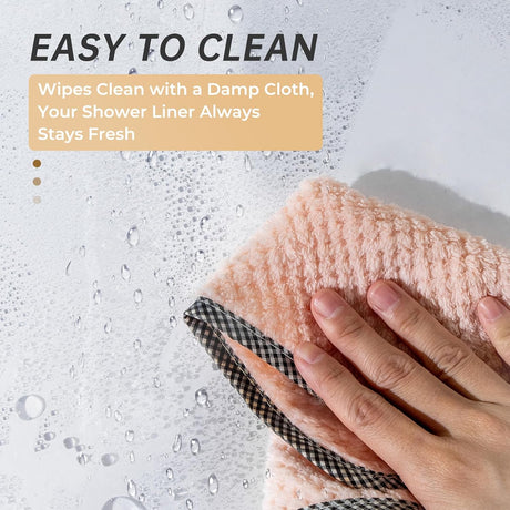 AmazerBath heavy duty 8G PEVA shower curtain liner in White, highlighting weighted stones details.