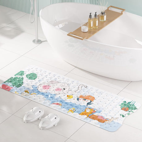 AmazerBath elephant kids bathtub mat in a bright bathroom, providing colorful non-slip coverage beside the tub.