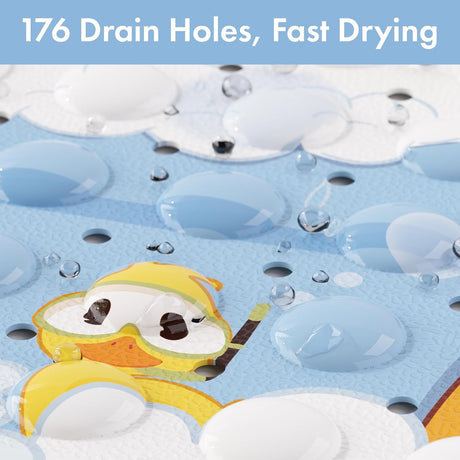 Close-up of the elephant kids bathtub mat showing 176 drainage holes designed for faster drying.