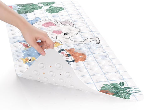 Flexible elephant kids bathtub mat lifted to show the textured underside and secure suction-cup construction.