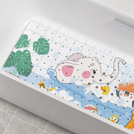 Elephant kids non-slip bathtub mat placed inside a white tub, showing colorful animal artwork and full coverage.
