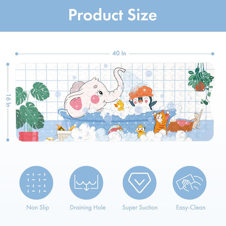 AmazerBath elephant kids bathtub mat measuring 40 x 16 inches with drainage holes and suction cups.
