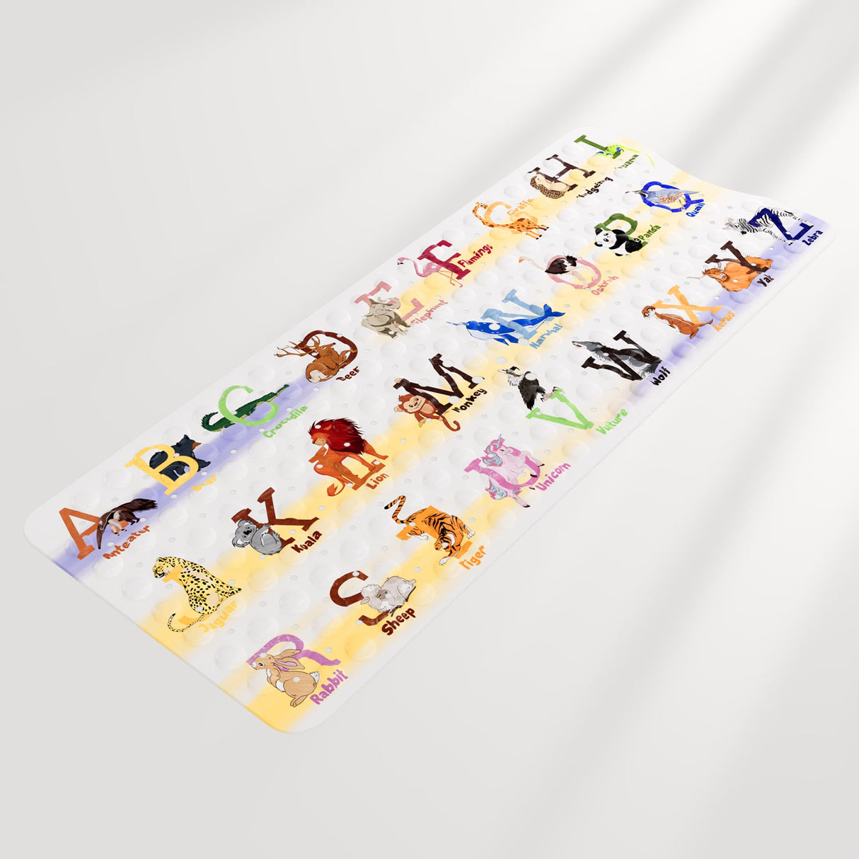 AmazerBath 40 x 16-inch kids non-slip bathtub mat with colorful alphabet letters and cartoon animals.
