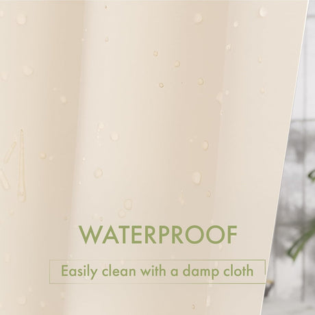 Water beading on the waterproof beige Lightweight PEVA Shower Curtain Liner.
