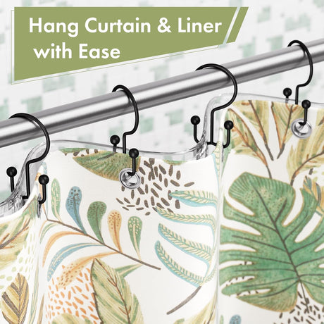 Matte black double shower curtain hooks hanging a decorative curtain and liner separately with ease.
