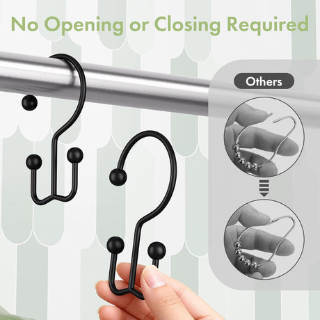 Open-ended matte black double shower curtain hook for quick installation without opening or closing.