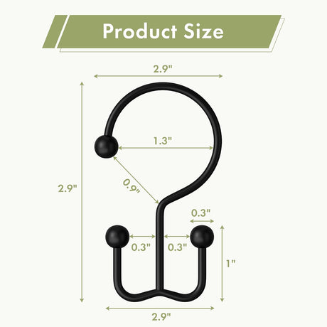 Matte black minimalist double shower curtain hook with detailed 2.9-inch dimensions and measurements.