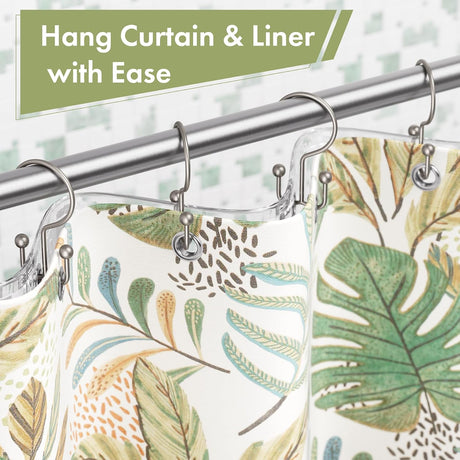 Matte nickel double shower curtain hooks hanging a decorative curtain and liner separately with ease.