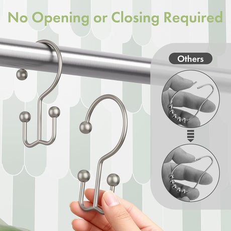 Open-ended matte nickel double shower curtain hook for quick installation without opening or closing.