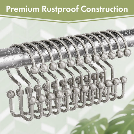 Set of 12 matte nickel metal double shower curtain hooks with a premium rustproof finish on a rod.