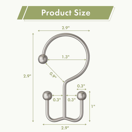 Matte nickel minimalist double shower curtain hook with detailed 2.9-inch dimensions and measurements.