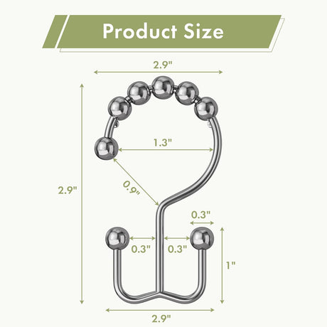 AmazerBath Chrome metal double shower curtain hooks, set of 12, product detail view in Modern style.