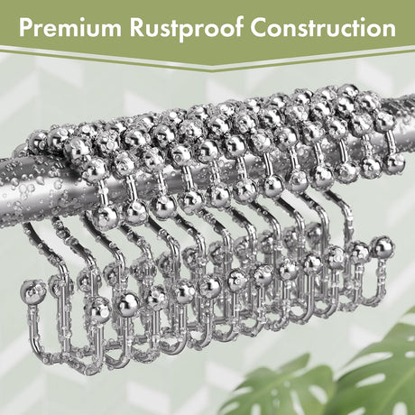 AmazerBath Chrome metal double shower curtain hooks, set of 12, product detail view in Modern style.