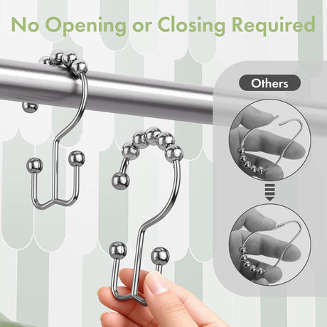 AmazerBath Chrome metal double shower curtain hooks, set of 12, product detail view in Modern style.