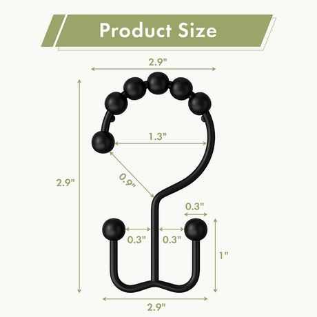 AmazerBath Matte Black metal double shower curtain hooks, set of 12, product detail view in Modern style.