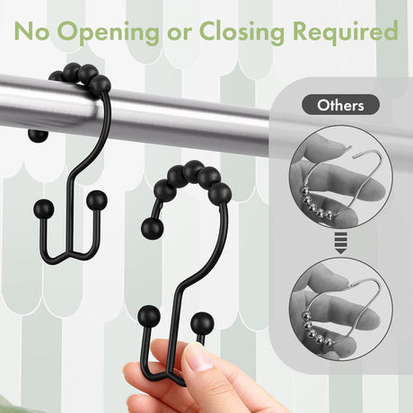 AmazerBath Matte Black metal double shower curtain hooks, set of 12, product detail view in Modern style.